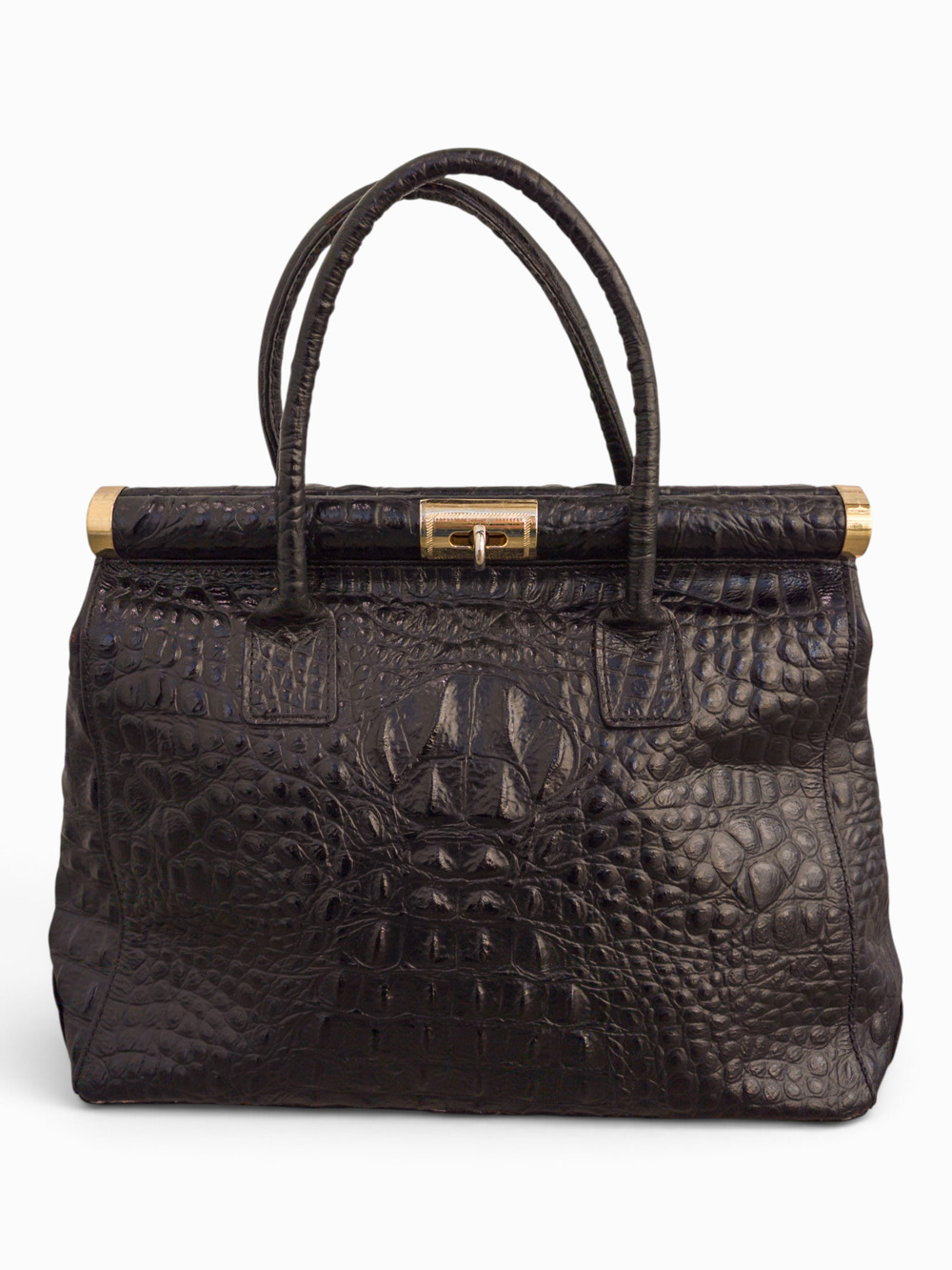 Italian Black Croc-Embossed Leather Satchel w/ Gold Hardware & Crossbody
